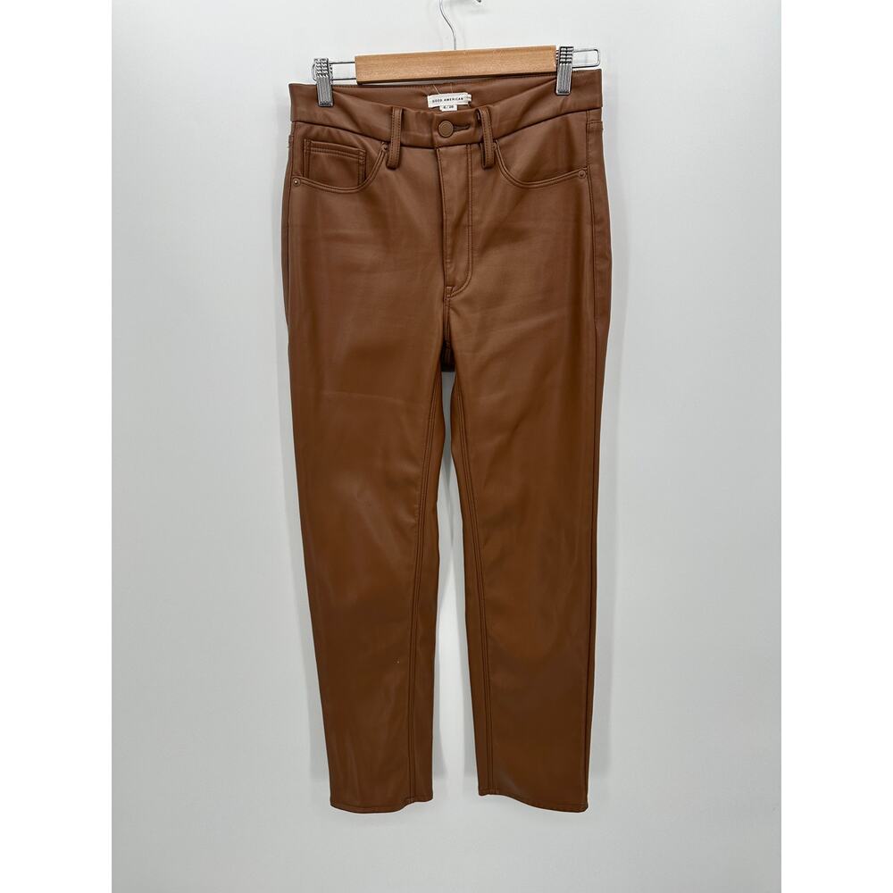 Good American‎ Womens Burnt Caramel Faux Leather Pants Size 6 Brown Straight Leg
